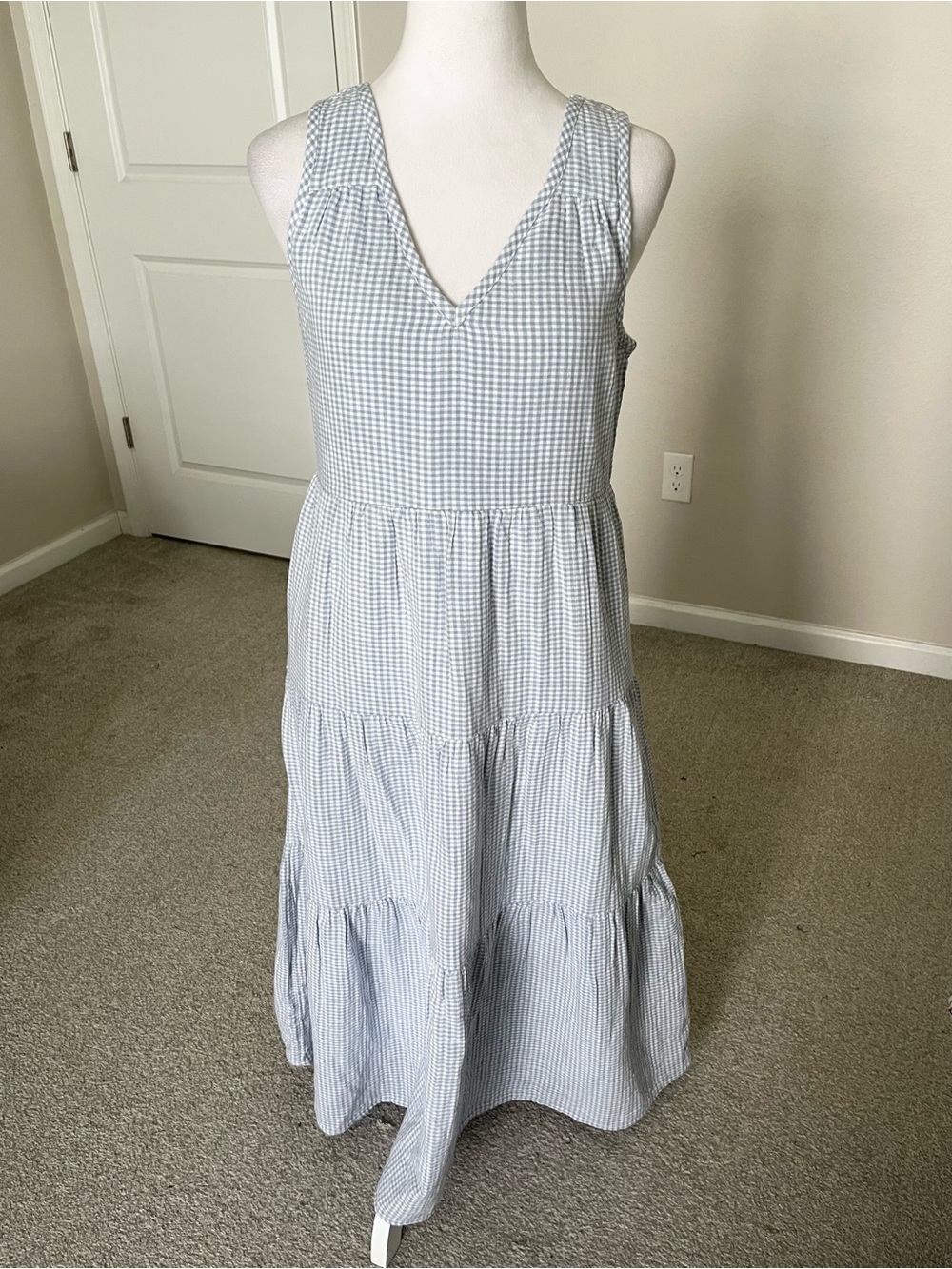 NWT Quince 100% Organic Cotton Light Blue Gingham Tiered Maxi Dress Size XS